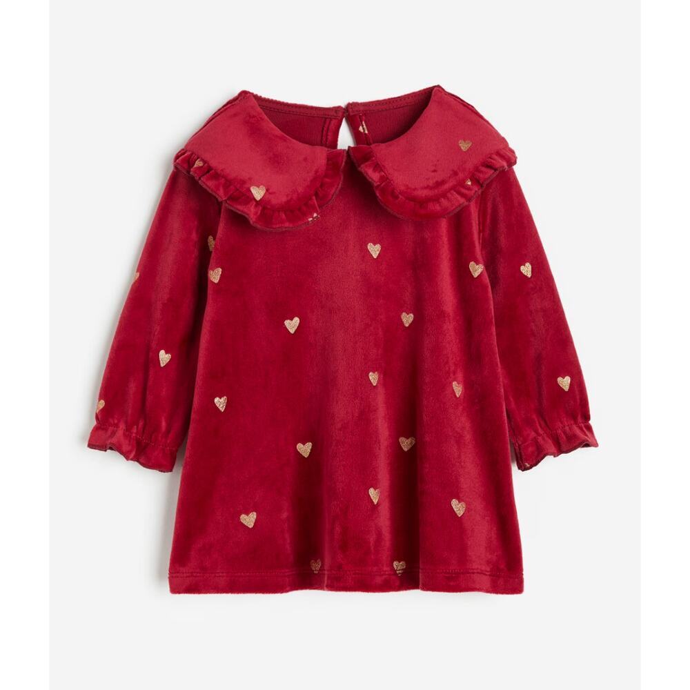 H&M Baby Girl Red Velvet Velour Heart Valentines Day Dress Tunic Top 6-9 months